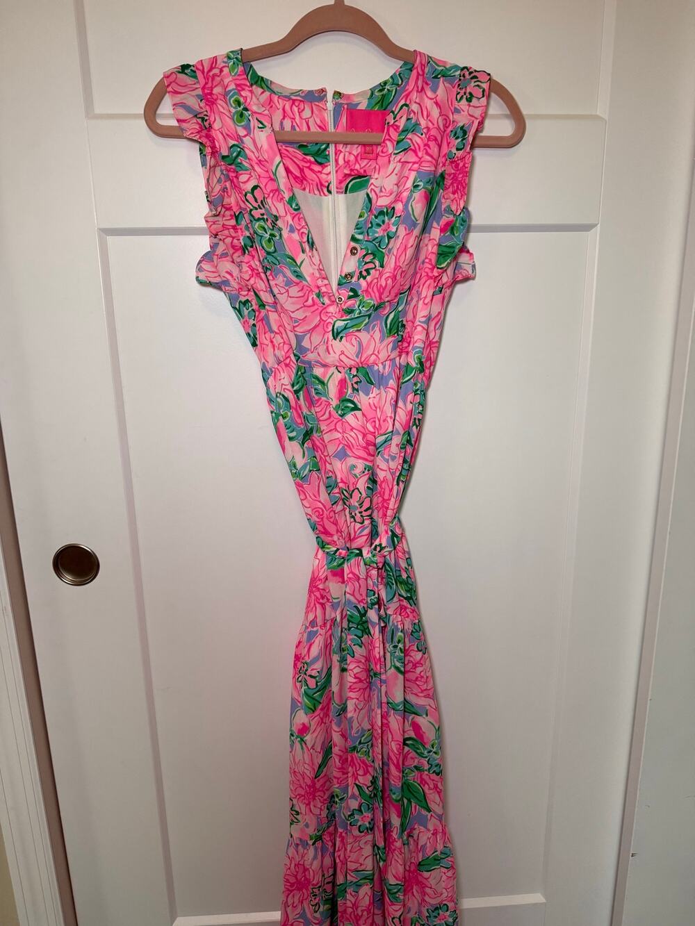 Lilly Pulitzer On Parade Pink Green Floral Maxi Dress Side Tie Size 4